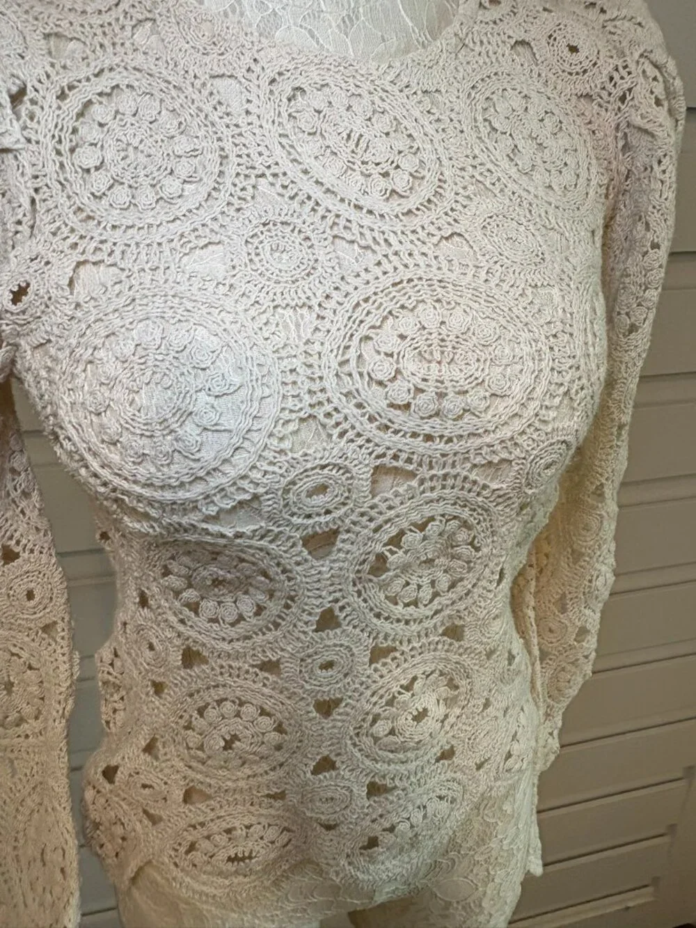 Zara Beige Crochet Lace Romantic Puff Sleeve Scalloped Hem Top Size S